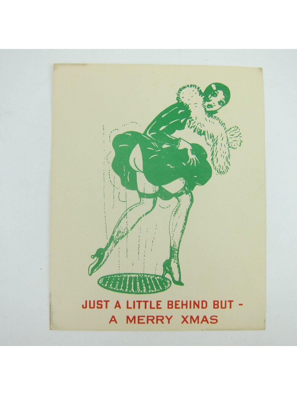 Christmas Card Comic Humor Woman Skirt Blown Exposed Naked Butt Risque Vintage